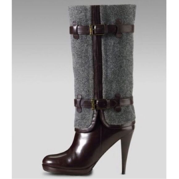 Cole Haan Air Kennedy Buckle Belted Dark Brown Leather Grey Felt Wool Boots 8.5 - Picture 14 of 15